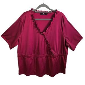 Agnes Orinda Women's 3X Faux Wrap Peplum Blouse Berry Red Ruffle Satin Party